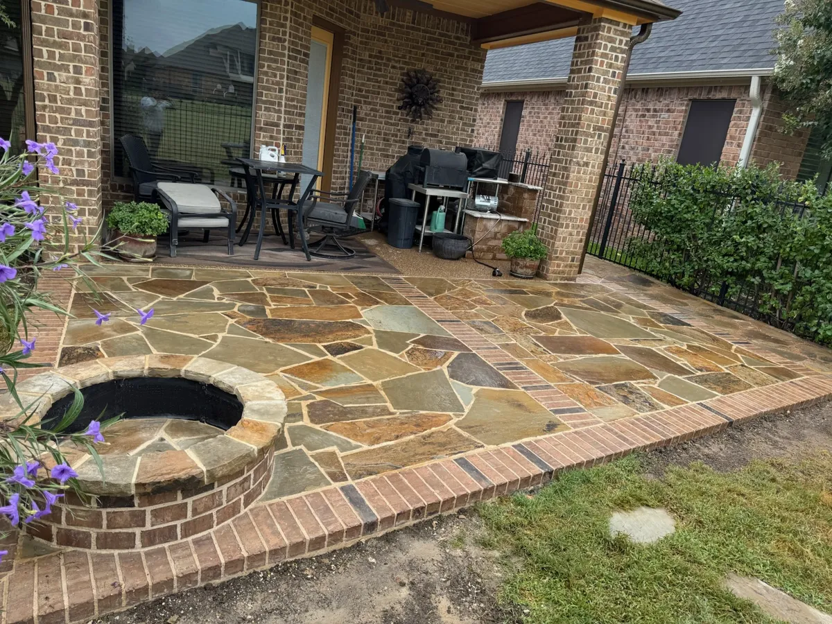 Flagstone Patio with Fire Pit by Parker County Masonry