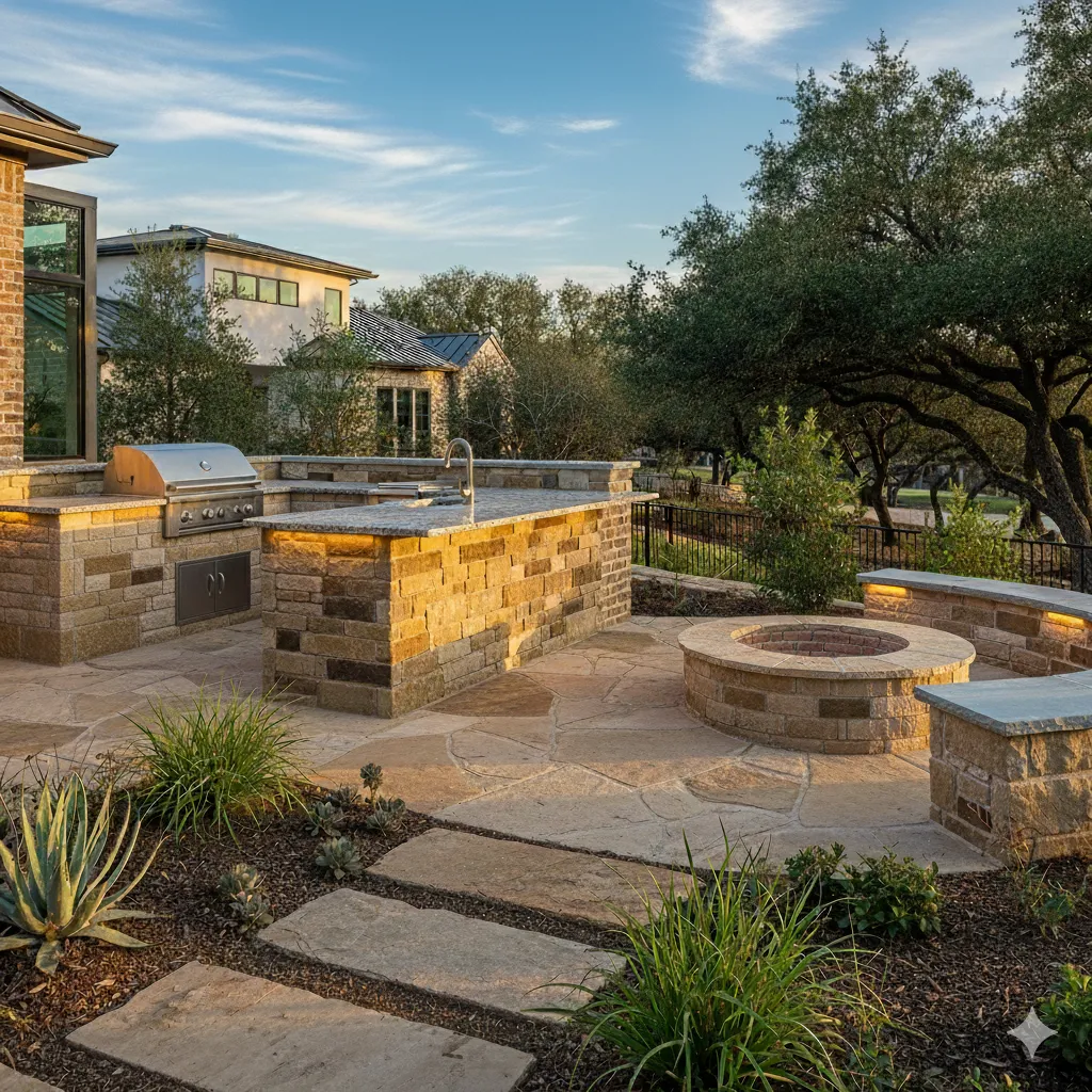 Leuders Stone Outdoor Kitchen with Fire Pit by Parker County Masonry