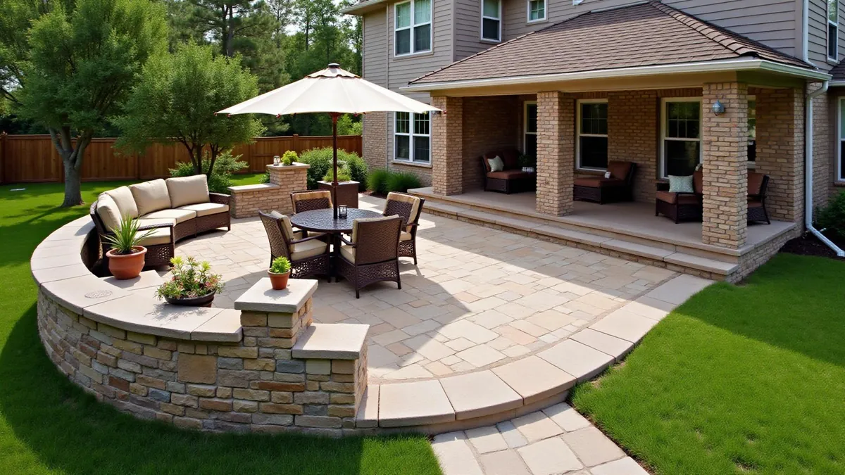 Custom flagstone patio with fire pit built by Parker County Masonry